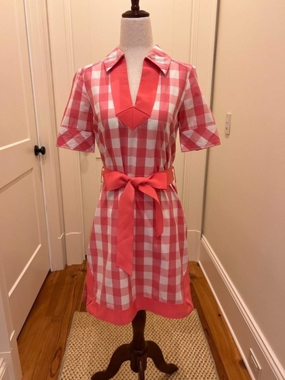 Vineyard Vines Dress Sz 0 Pink White Gingham Plaid Ribbon Belt Coastal Prep Summ